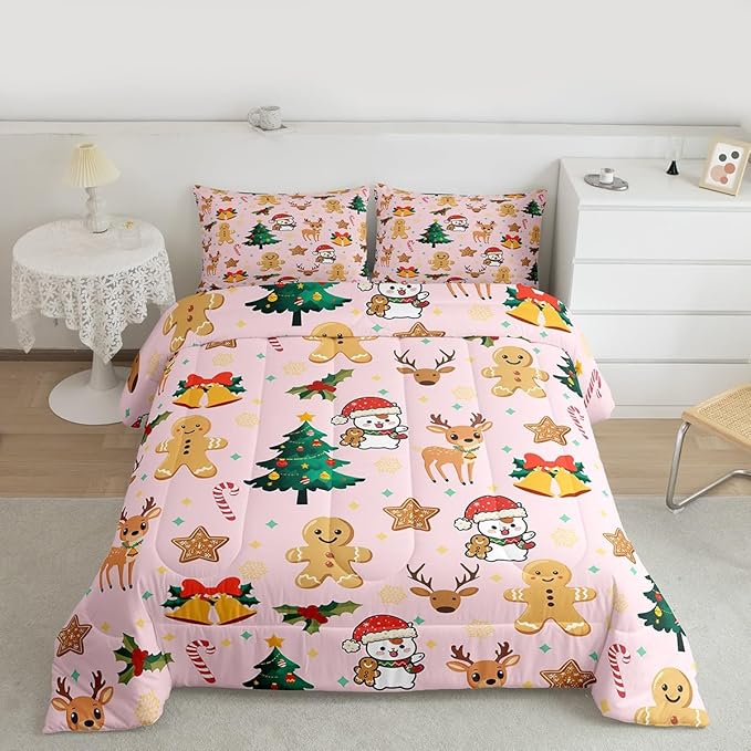 Feelyou Merry Christmas Bedding Set Soft for Boys Girls, Gingerbread Man Comforter Set Queen Size Cute Deer Duvet Quilt Microfiber Christmas Tree 3 Pcs with 2 Pillow Cases