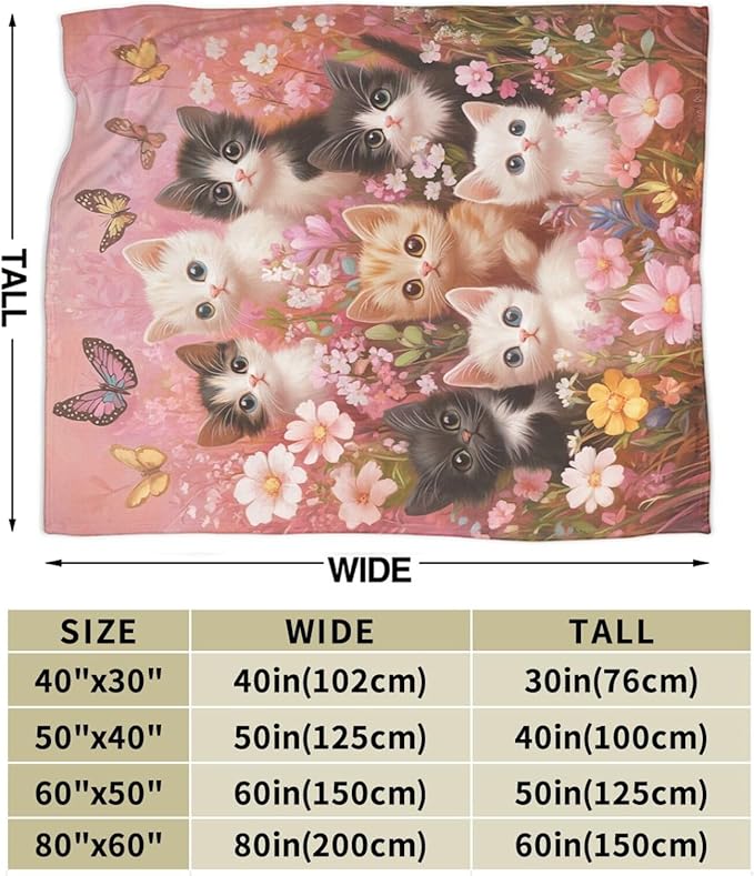 Pink Cat Themed Blanket Funny Cats Throws Pet Animal Print Plush Fuzzy Fleece Blankets Gifts for Girls Boys Lovers Super Soft Warm Cozy Butterfly Flower Stuff for Kids Women Bed Sofa Bedding 50"x40"