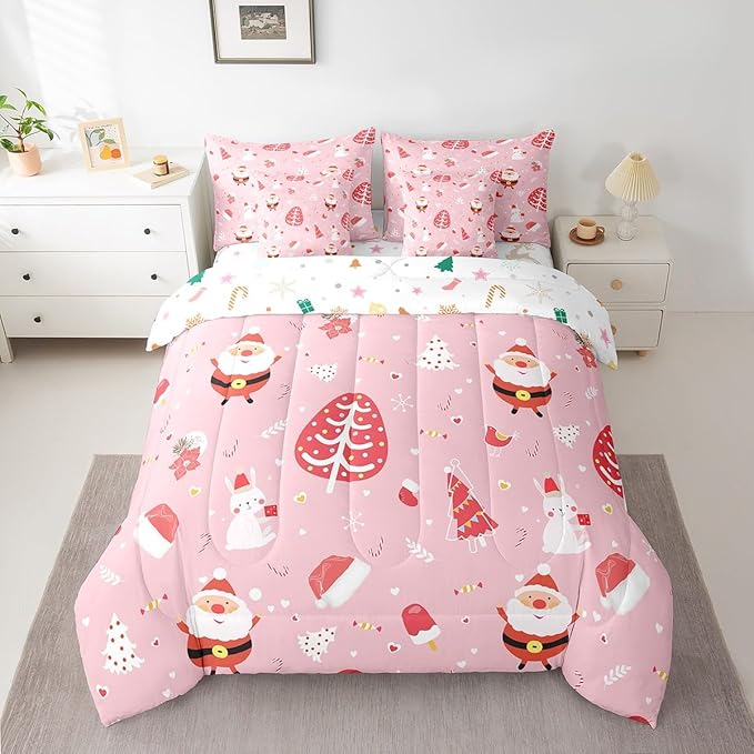 Feelyou Santa Claus Bed in a Bag Cute Rabbit Kawaii Pink Comforter Set with Sheets for Kids Boys Girls Decor Merry Christmas Bed Set Girly Pink Bedding Set Bedroom Collection Twin Size