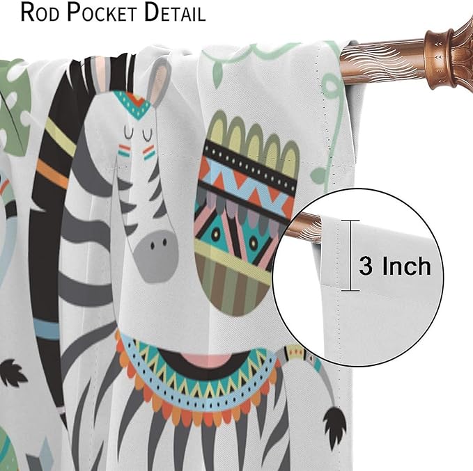 Jungle Tribal Animals Curtains, Southwest Aztec Cartoon Funny Zoo Animals Giraffe Lion Elephant Zebra Tiger Print Thermal Insulation Window Drapes for Kids Boys Girls Bedroom Living Room 42x63in