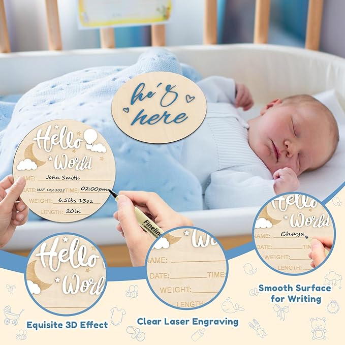 2PCS Hello World Newborn Sign and he's here, Gender Reveal Welcome baby Announcement Sign Board Wooden Birth Name Announcement Plaque and Pen for Baby Shower Photo Props Hospital Nursery