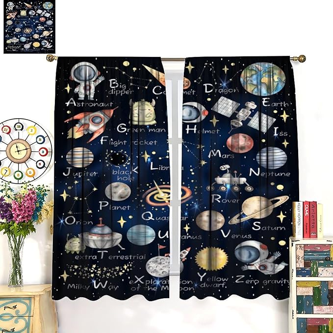 Cartoon Kids Alphabet Astronaut Curtain，Retro Cute Cosmic Galaxy Letter Printed Rod Pocket Blackout Window Treatments for Boys Girls Bedroom Living Room School 63" W X 72" L