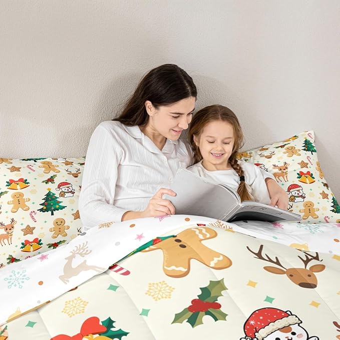 Feelyou Merry Christmas Kids Comforter Set King Size Gingerbread Man Bedding Set Cute Deer Duvet Quilt for Kids Boys Girls Bedroom Christmas Tree Decor Microfiber Ultra Soft Breathable