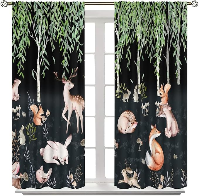 Forest Animal Curtains, Watercolor Cartoon Woodland Plants Animals Bears Moose Mushrooms Printed Curtains for Kids Boys and Girls Bedroom Window Drapes 42x45 Inch, Style-9