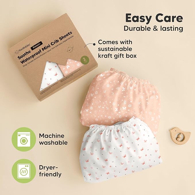 2-Pack Pack and Play Sheets, Waterproof Mini Crib Sheets Fitted - Organic Cotton Pack N Play Sheets for Graco Pack and Play Mattress,Playard Baby Crib Sheets,Neutral for Boy,Girl,Toddler (Butterflies)