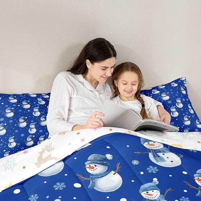 jejeloiu Kids Cute Winter Snowman Comforter Set Twin Size Blue Christmas Theme Bedding Set for Boys Girls Teens Xmas Snowflake Happy New Year Duvet Quilt Room Decor
