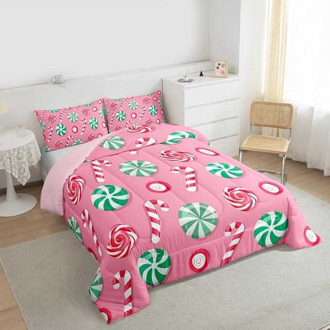Feelyou Christmas Comforter Set King Size Candy Bedding Set for Kids Boys Girls Xmas Theme Duvet Quilt Bedroom Decor Microfiber 3 Pcs with 2 Pillow Cases