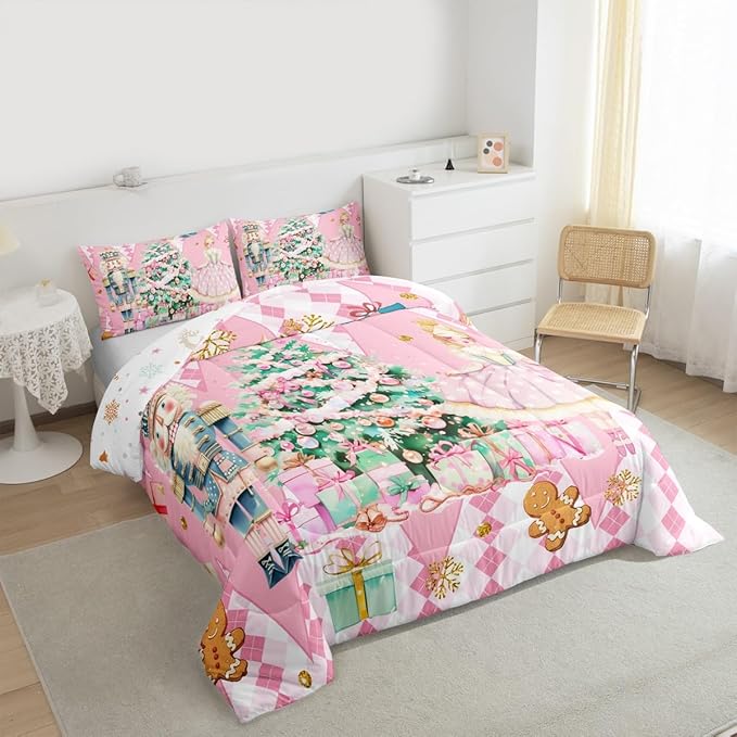 jejeloiu Christmas Nutcracker Comforter Set King Size Gingerbread Man Bedding Set for Kids Boys Girls Xmas Tree Duvet Quilt Pink Bedroom Decor