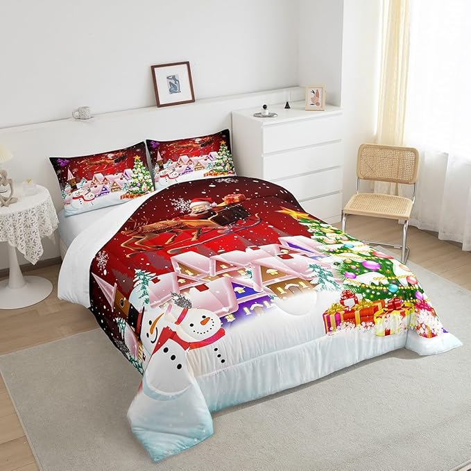 Manfei Christmas Comforter Set King Size, Snowman Xmas Tree Bedding Set 3pcs for Kids Boys Girls Room Decor, Santa Claus with Reindeer Quilt Set New Year Theme Duvet Set with 2 Pillowcases