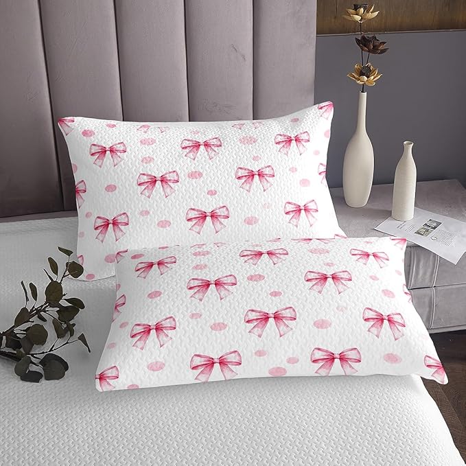 Pink Bow Princess Bedspread Twin Size,Bowknot Geometric Dots Toddler Coverlet Set,Girls Women Room Decor,Butterfly Knot Bow Tie Romantic Quilted Coverlet,White Simple Bedding Quilt,1 Pillowcase