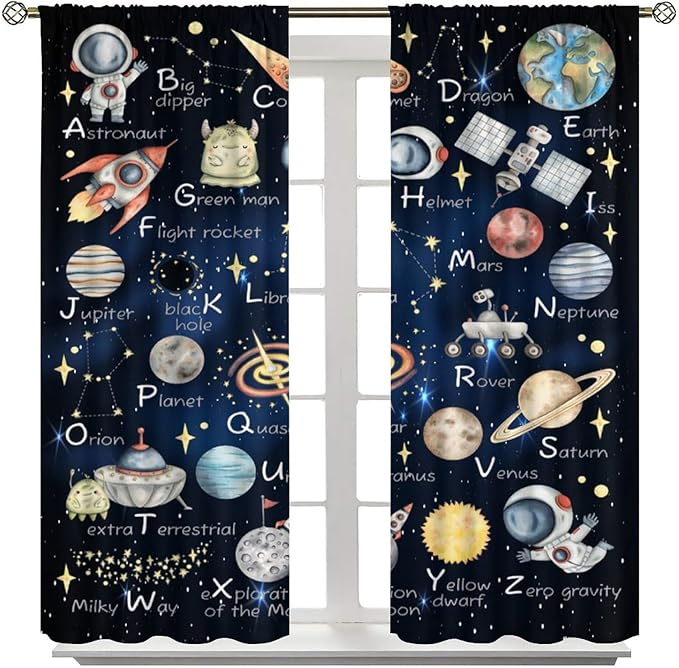 Cartoon Kids Alphabet Astronaut Curtain，Retro Cute Cosmic Galaxy Letter Printed Rod Pocket Blackout Window Treatments for Boys Girls Bedroom Living Room School 63" W X 63" L