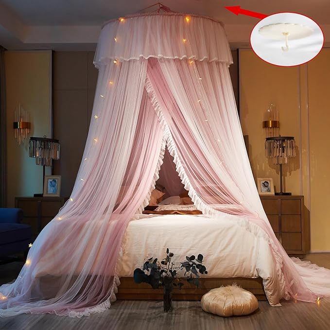 AIKASY Princess Bed Canopy for Girls & Adults, Elegant Double-Layer Bed Curtain, Children's Dream Round Lace Mosquito Net - Fits Twin, Full, Queen, and King Beds(Pink/White)