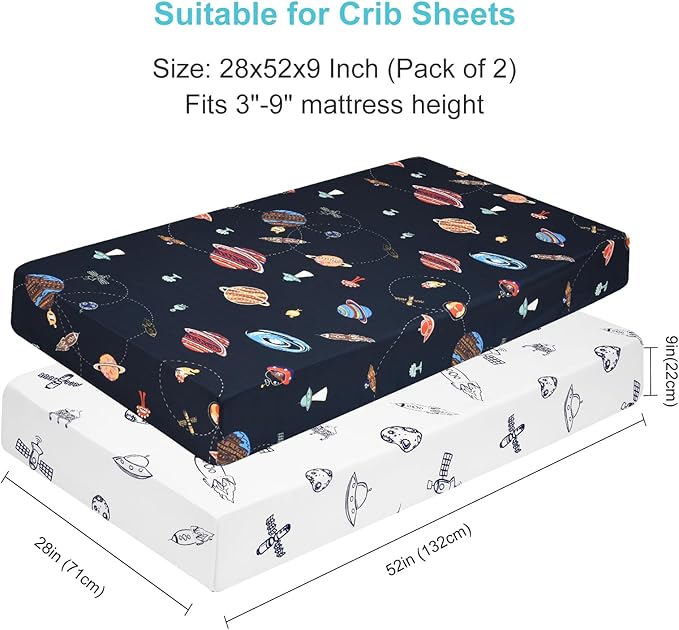 PHF Soft Space Crib Sheet Fitted, 2 Pack Silky Comfy Breathable Polyester Baby Sheets for Boys Girls,28x52x9in Fits Standard Crib and Toddler Mattresses, Space