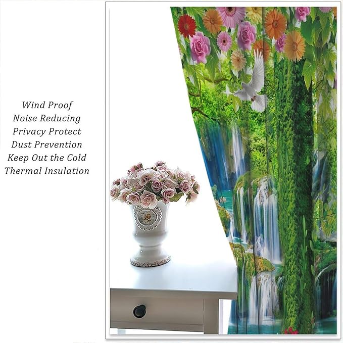 Jungle Nature Blackout Window Curtains, Trees Scenic Waterfall and River Spring Pattern Print Window Drapes, for Living Room Bedroom 63x72in 2 Panels