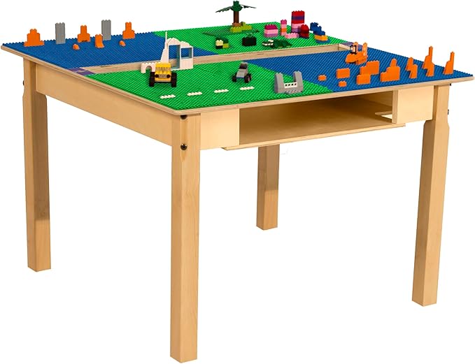 Contender Time -2-Play 35" Square Hardwood Blue & Green Lego Compatible Blocks Table with Trough and Shelf for Kids, Montessori Wooden Play Desk for Classroom, Pre-School, Daycare [20" Long Legs]
