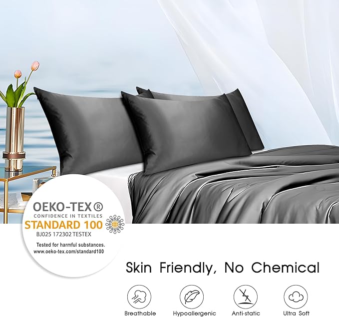 100% Mulberry Silk Pillowcase with Hidden Zipper,Both Sides Pure Silk Breathable Pillow Case for Hair and Skin,19 Momme Grade 6A,1pc,Charcoal,Queen Size 20x30 Inches