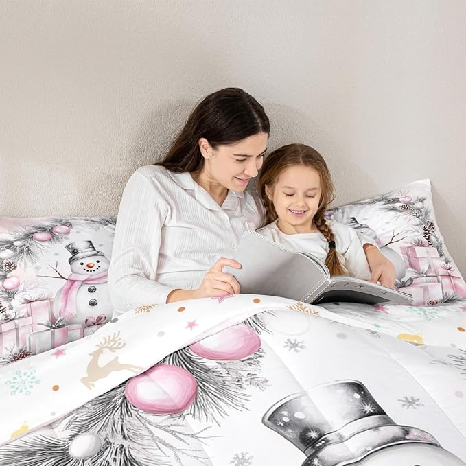 Feelyou Merry Christmas Comforter Set All Season Cute Snowman Bedding Set with 2 Pillow Cases Microfiber Kids King Bedclothes Snowflake Bedroom Decor Duvet Quilt Breathable Soft