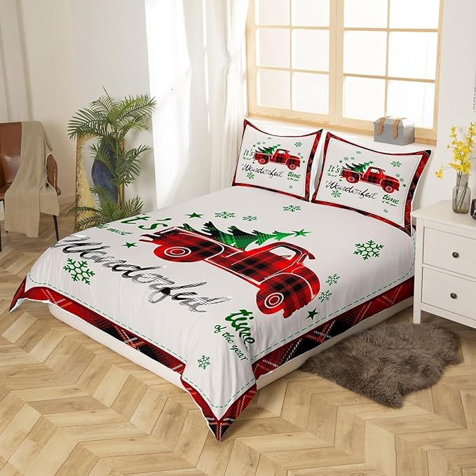 Manfei Xmas Truck Duvet Cover Set Queen Size, Christmas Tree Snowflake Print Bedding Set 3pcs for Kids Boys Girls Bedroom Decor, Red Plaid Print Comforter Cover with 2 Pillowcases,No Comforter