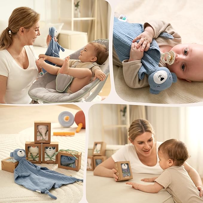 Momcozy Bear Loveys for Babies with Cotton - Soft Security Blanket for Boy or Girl for Self-Soothing On-The-Go-Portable & Anti-Drop Design - Newborn Gift，Must Have（Blue 14 inch）