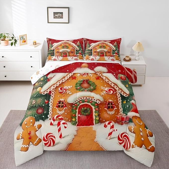 jejeloiu Kids Christmas Theme Comforter Set Full Size Xmas Tree Gingerbread Man Bedding Set for Boys Girls Teens Candy Cane House Winter Happy New Year Duvet Quilt Room Decor