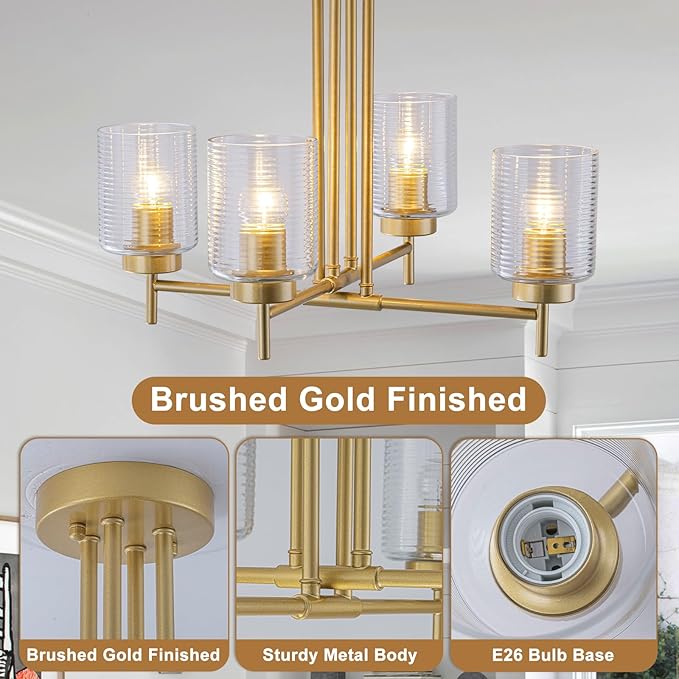 Gold Sputnik Semi Flush Mount Ceiling Light Fixture 4-Light Modern Sputnik Chandelier with Striped Glass Shade for Living Room Dining Room Kitchen Island Bedroom Hallway Entryway Foyer