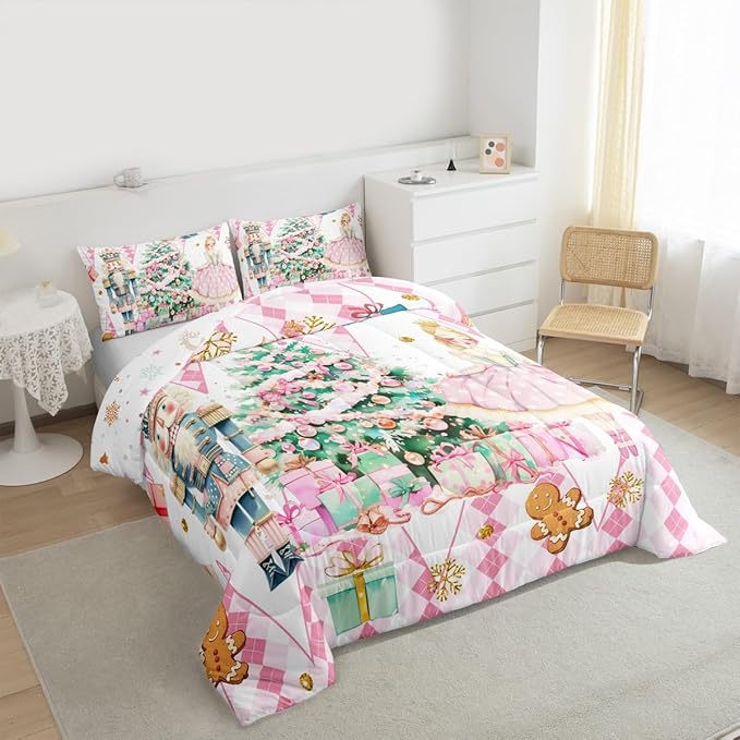 jejeloiu Christmas Nutcracker Comforter Set King Size Gingerbread Man Bedding Set for Kids Boys Girls Xmas Tree Duvet Quilt White Pink Bedroom Decor
