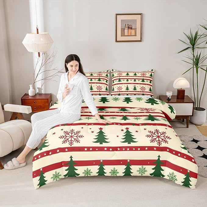 Feelyou Christmas Bedding Set Soft for Boys Girls, Xmas Tree Comforter Set Toddler Size Snowflake Star Duvet Quilt Microfiber New Year Theme Bedroom Decor 2 Pcs with 1 Pillow Cases
