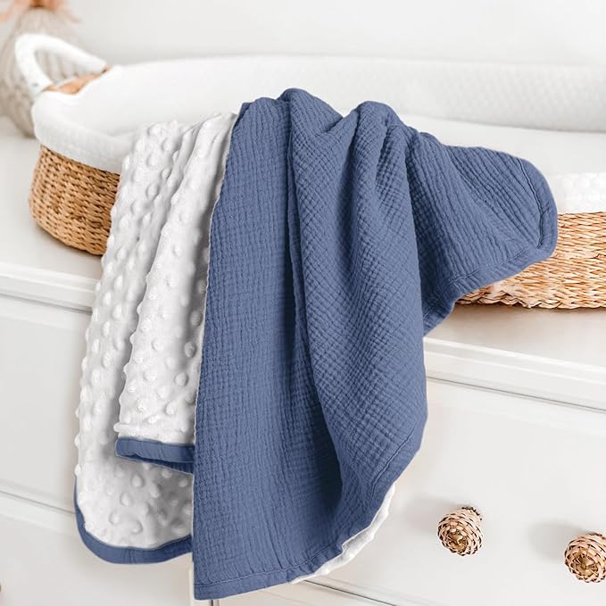 lulumoon Baby Blankets for Boys Newborn: Reversible Muslin & Minky Dotted Backing - Thermal Receiving Blanket for Stroller & Registry Gift 30"x40"(Blue)