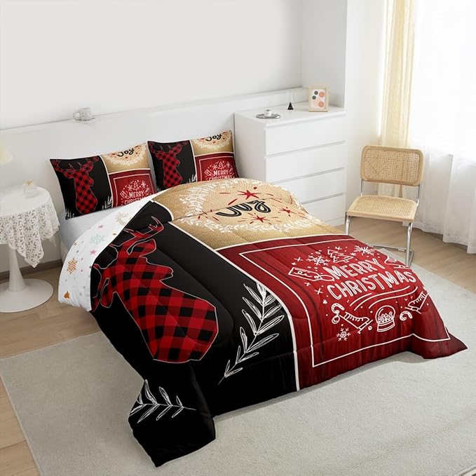 Deer Antler Kids Christmas Comforter Set Twin Size,Elk Plam Leaves Bedding,Girls Boys Adults Bedroom/Xmas Cabin Decor,Plank Lattice Vintage Down Comforter,Rustic Farmhouse Duvet Insert,1 Pillowcase