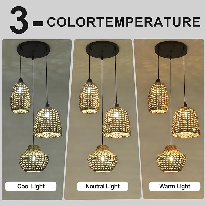 3-Light Rattan Chandelier, Boho Wicker Pendant Light Fixtures,Coastal Hand-Woven Ceiling Hanging Lights for Kitchen Island Dining Room Bedroom Farmhouse