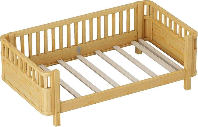Twin Kids Platform Bed Frame with Rails, Wood Low Montessori Bed with Slats Support, Modern Daybed with Detachable Side Rails, Kids Beds for Boys Girls Bedroom, Natural