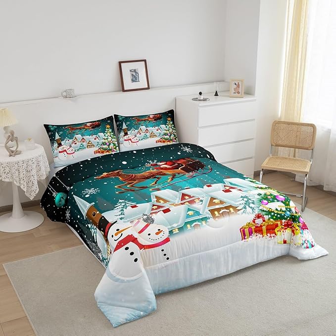 Manfei Christmas Comforter Set Queen Size, Xmas Tree Snowman Bedding Set 3pcs for Kids Boys Girls Room Decor, Santa Claus with Reindeer Quilt Set New Year Theme Duvet Set with 2 Pillowcases