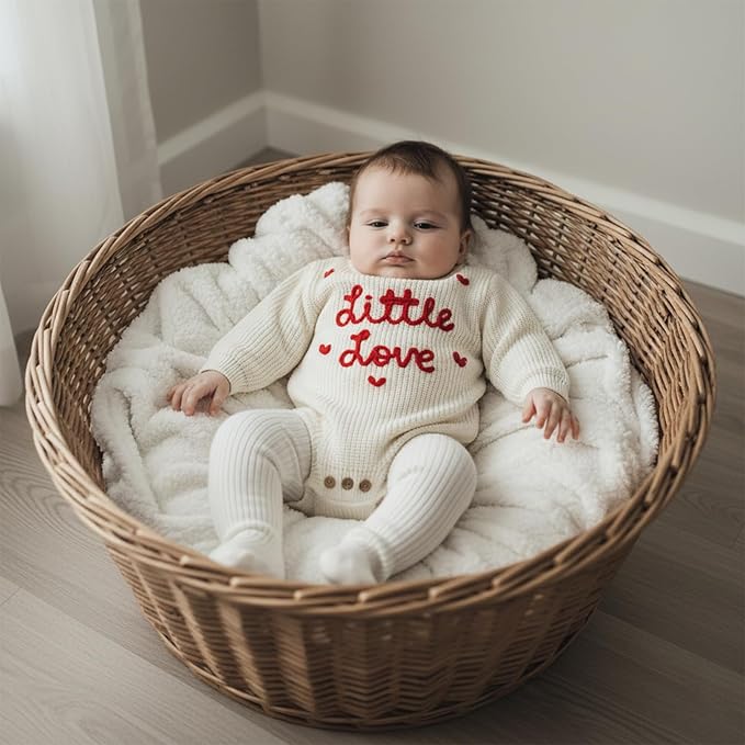 Lesimsam Newborn Baby Boy Girl Valentines Day Outfit Oversized Embroidery Long Sleeve Knit Sweater Bubble Romper Bodysuit