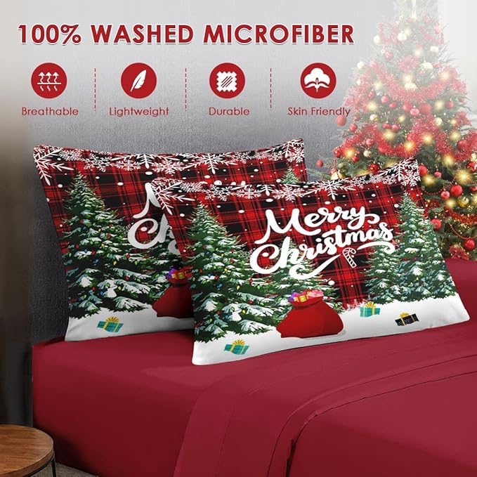 5 Pcs Twin Size Christmas Comforter Set with Pillowcase & Sham, Green Cartoon Trees Bedding for Kids and Adults, Black Red Plaid Bed in a Bag with Flat Fitted Sheet