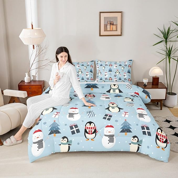 Feelyou Merry Christmas Bedding Set Soft for Boys Girls, Penguin Comforter Set King Size Xmas Tree Snowman Duvet Quilt Microfiber Gift Snowflake Bedroom Decor 3 Pcs with 2 Pillow Cases