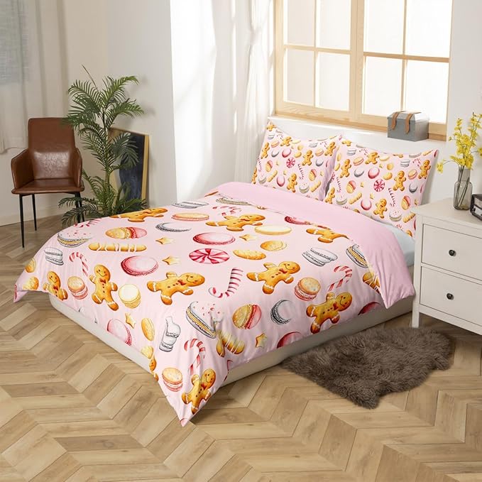 Feelyou Christmas Duvet Cover Full Size Cute Christmas Gingerbread Man Comforter Cover for Boys Girls Xmas Sweet Macarons Bedding Set 3Pcs Reversible Pink Room Decor