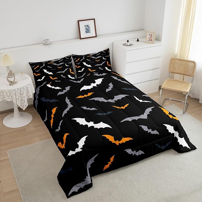Erosebridal Gothic Halloween Decor Comforter Set King Size for Kids Boys Girls - Bats Animal Silhouette Bedding Set with 2 Pillow Cases, Orange and Grey Duvet Insert