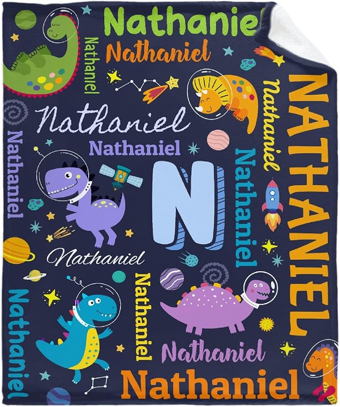 Dinosaur Lover Astronaut Personalized Blanket with Name Custom Dinosaur with Name Flannel Blanket Soft Throw Meaningful Gift for Toddlers Girls Boys Kids Pets 120 * 90" XL for Family