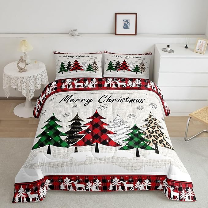 Manfei Xmas Trees Comforter Set Twin Size, Merry Christmas Bedding Set 2pcs for Kids Boys Girls Room Decor, Pine Trees Snowflake Deers Down Comforter Soft Polyester Quilt Set with 1 Pillowcase