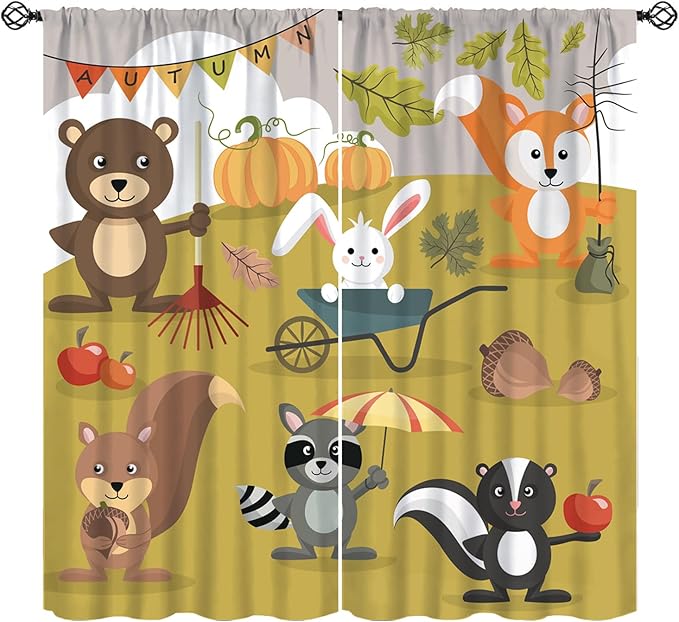 Cartoon Curtains, Jungle Animals Autumn Fun Pattern Blackout Window Treatments, Rod Pocket Thermal Insulated Drapes 2 Panel Sets for Children Boys Bedroom Nursery Classroom, 55" W X 63" L
