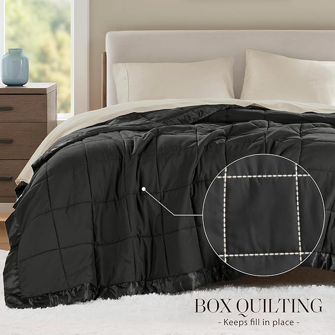 Madison Park Queen Size Blanket Ultra-Soft Microfiber Queen Size, Box Quilting with Satin Binding, All Season & Lightweight Queen Summer Blanket for Bed, Couch & Sofa, Full/Queen, Black