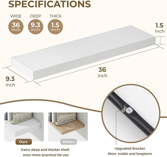 Dreamland 36 Inches Floating Shelves for Wall, 9.3" Deep Long Floating Shelves Set of 2, Large Display & Storage Shelf, Wall Shelf for Bathroom Bedroom Living Room Kitchen Office, White
