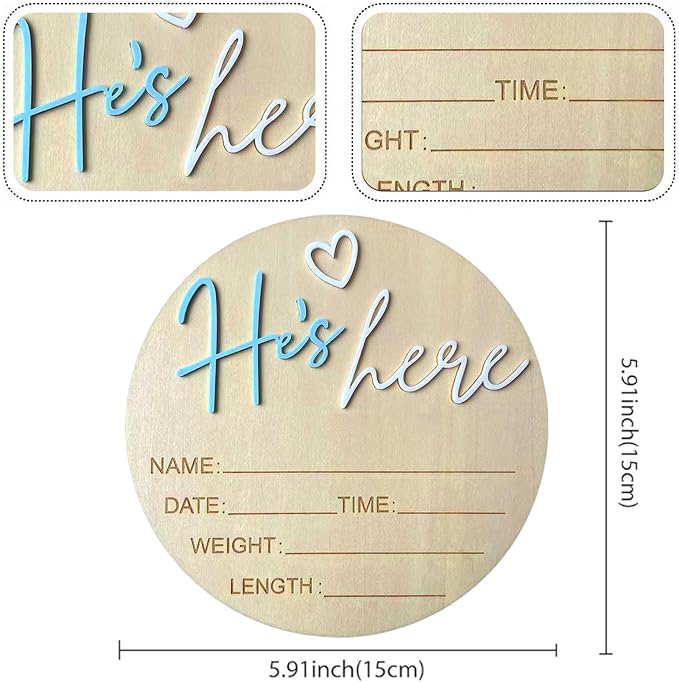 Baby Announcement Sign, 5.9 Inch Wooden Hello World Newborn Signs, Birth Announcement Sign, Gender Reveal Signs, He's here Decoration, Welcome Newborn Arrival To World, Hospital Nursery for Baby