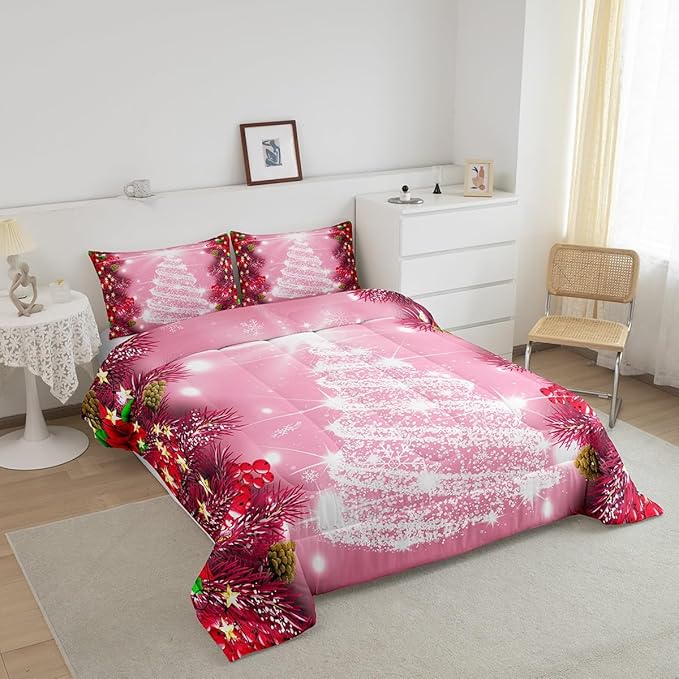 Feelyou Kids Merry Christmas Decorations Comforter Set, Kids Santa Tree Bedding Set Full Size for Boys Girls Teens Xmas Christmas Bell Decor Comforter Glitter Pink Quilt Set