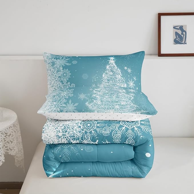 Castle Fairy Merry Christmas Comforter Set King Size,Glitter Xmas Trees Shiny Light Decor Bedding Set All Season Quilt Set,Blue Shiny Stars Snowflake Microfiber Polyester Down Comforter