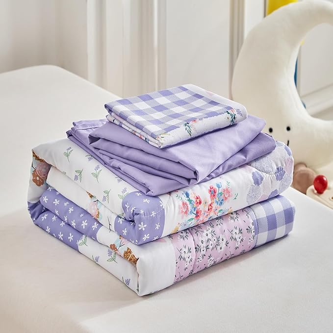 Joyreap 4 Piece Toddler Bedding Set- Purple Butterflies Flowers Patchwork Toddler Comforter Set, Includes Quilted Comforter, Fitted Sheet, Top Sheet, and Pillow Case