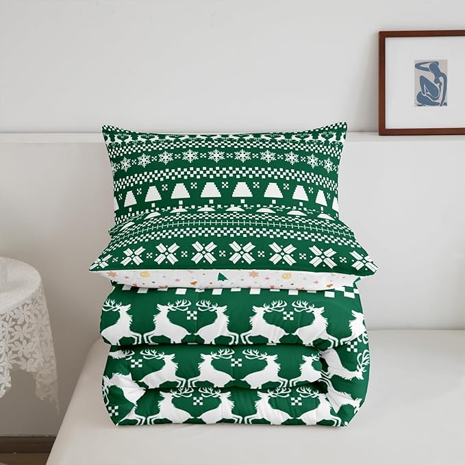 Feelyou Christmas Bedding Set for Kids Boys Girls King Size Xmas Deer Elk Decor Comforter Set Ultra Soft Xmas Snowflake Comforter Winter Duvet Quilt Bedroom Decor Christmas Decor Quilt