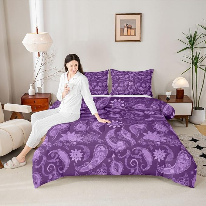 Feelyou Vintage Purple Floral Bedding Set Full Size, Paisley Floral Comforter Set Boho Floral Comforter for Kids Toddler Paisley Duvet Set Microfiber Bed Set