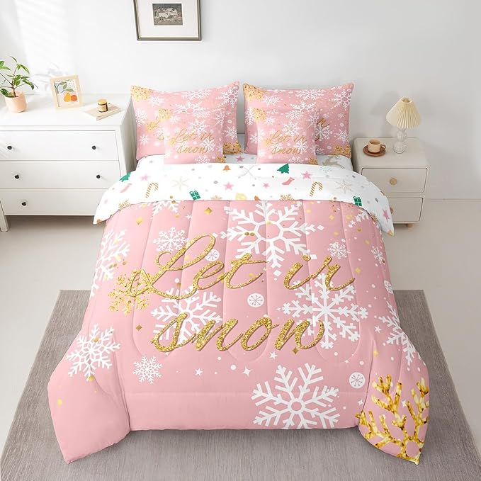 Feelyou Christmas Bed Set Snowflakes Bed in a Bag for Kids Girls Boys Pink Bedding Set Queen Size Glitter Star Comforter Set with Sheets Lightweight Room Decor