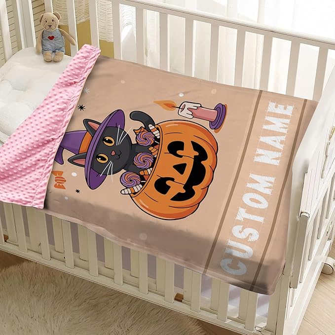 Personalized Halloween Blanket for Girls, Custom Baby Blanket with Name, Cat Pumpkin Theme Soft Minky Dot Blanket, Halloween Decor Christmas Birthday Gifts for Kids Toddlers